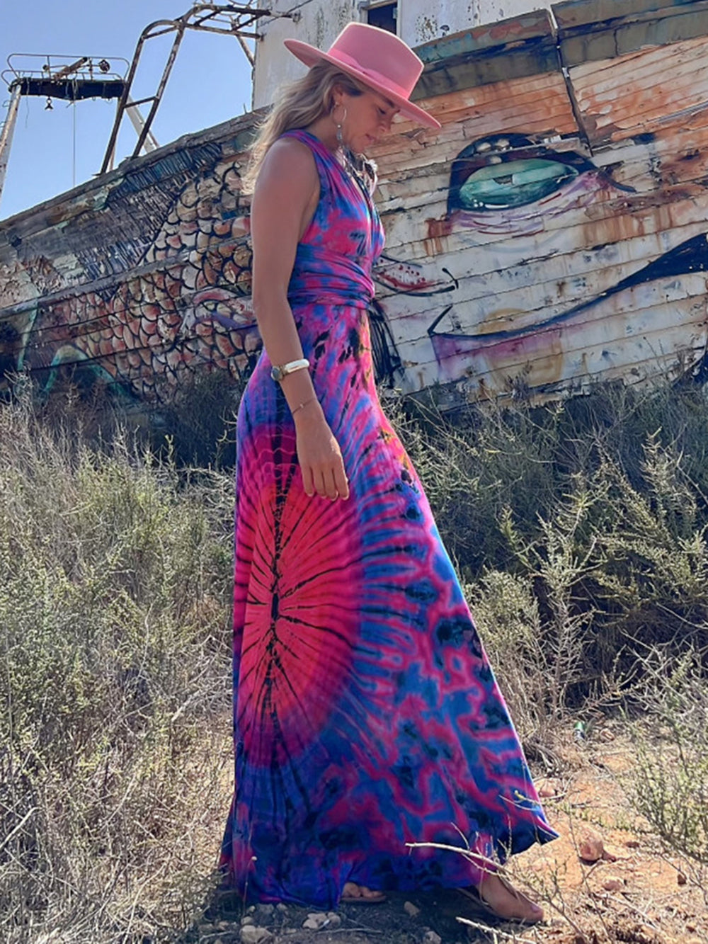 Tie Dye Print Halter Deep V-Neck Wrapped Waist Bodycon Maxi Dress