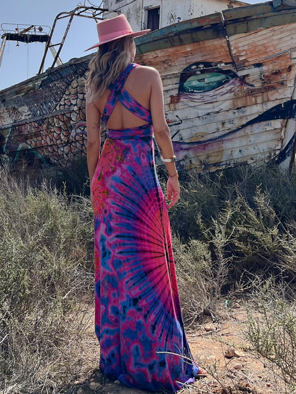 Tie Dye Print Halter Deep V-Neck Wrapped Waist Bodycon Maxi Dress