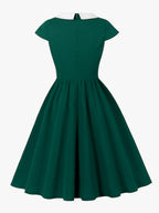 V Neck Contrast Lapel Ruched Retro A-line Swing Dress For Women 2026