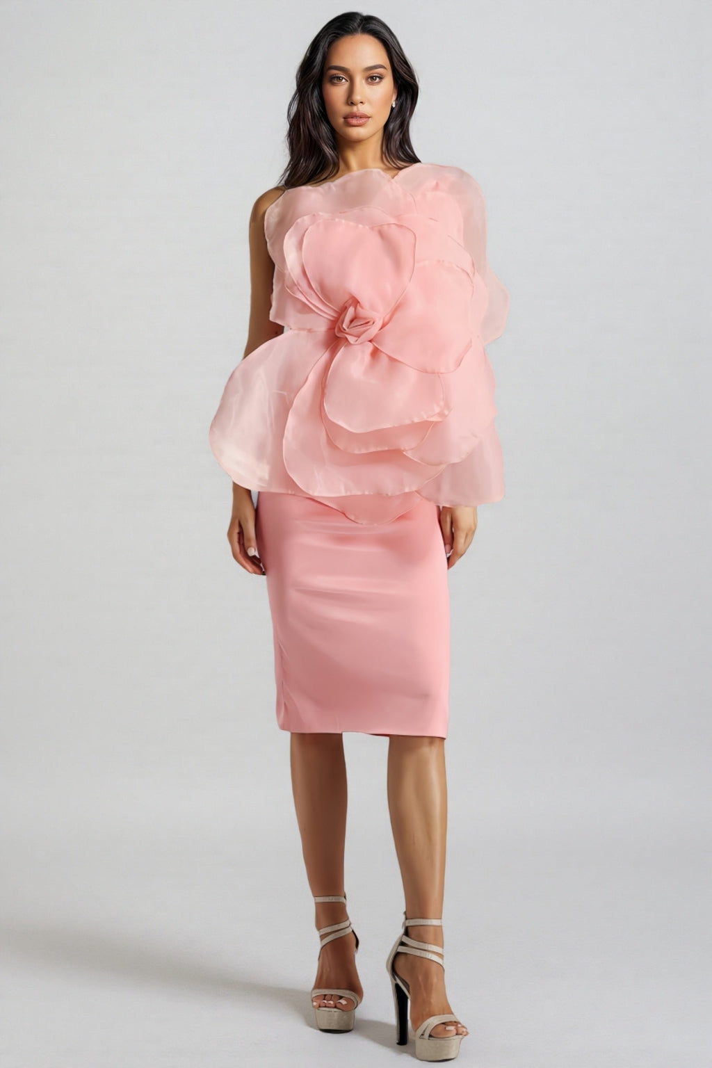 Alaya Slant Shoulder 3D Floral Midi Dress-Pink
