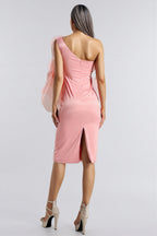 Alaya Slant Shoulder 3D Floral Midi Dress-Pink