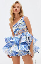 Paula Premium Floral Print One Shoulder Chiffon Mini Dress Everyday Luxe Edit