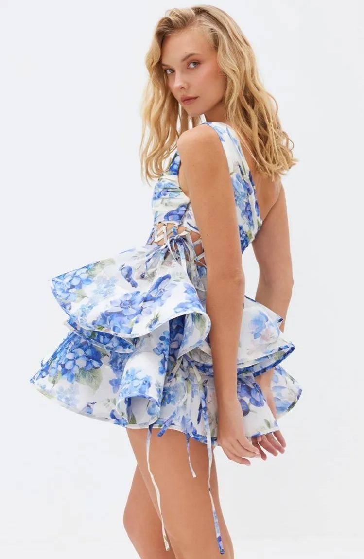 Aurora Premium Floral Print One Shoulder Chiffon Mini Dress Chic Silhouette Collection