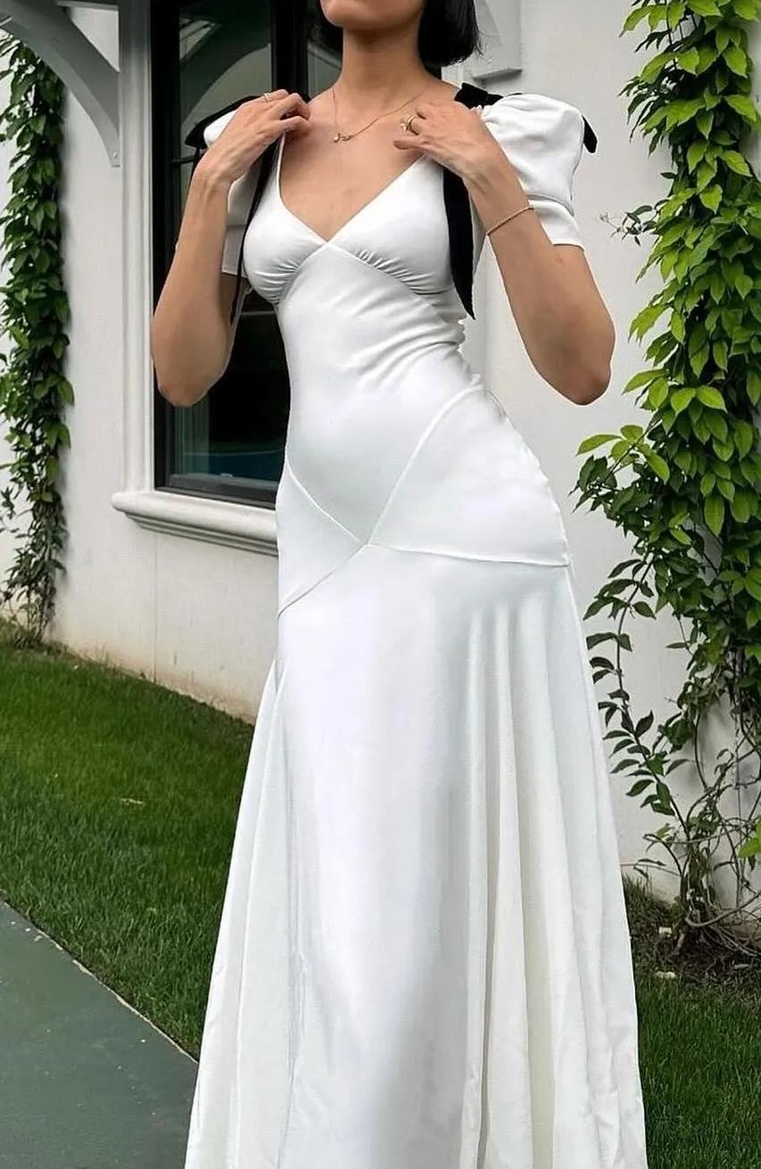 Deep V-Neck Puff Sleeve Velvet Bow Shoulder Maxi Gown