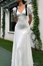 Plunging V-Neck Puff Sleeve Shoulder Bow Tie A-Line Maxi Gown
