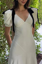 Deep V-Neck Puff Sleeve Velvet Bow Shoulder Maxi Gown