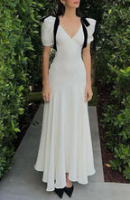 Deep V-Neck Puff Sleeve Velvet Bow Shoulder Maxi Gown