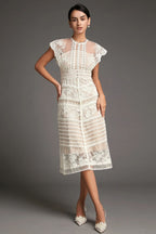 Floral Lace High Neck Flutter Sleeve Tiered Scallop Trim Midi Dress
