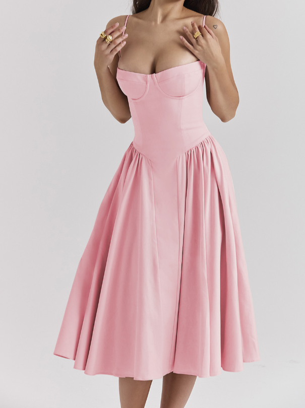 Corset Bodice Basque Waist Pleated A-Line Midi Dress