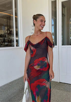 Cowl Neck Spaghetti Strap Abstract Brushstroke One Shoulder Drape Maxi Dress