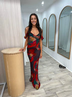 Cowl Neck Spaghetti Strap Abstract Brushstroke One Shoulder Drape Maxi Dress