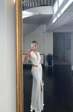 Deep V-Neck Halter Neck Waist Cut Out Knotted Drape High Split Maxi Gown