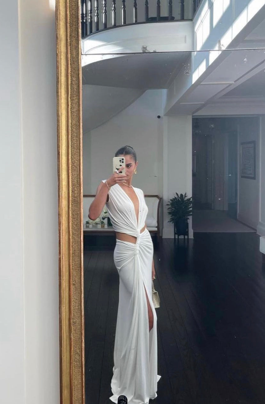 Deep V-Neck Halter Neck Waist Cut Out Knotted Drape High Split Maxi Gown