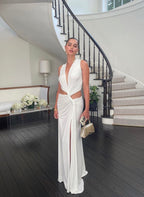 Deep V-Neck Halter Neck Waist Cut Out Knotted Drape High Split Maxi Gown