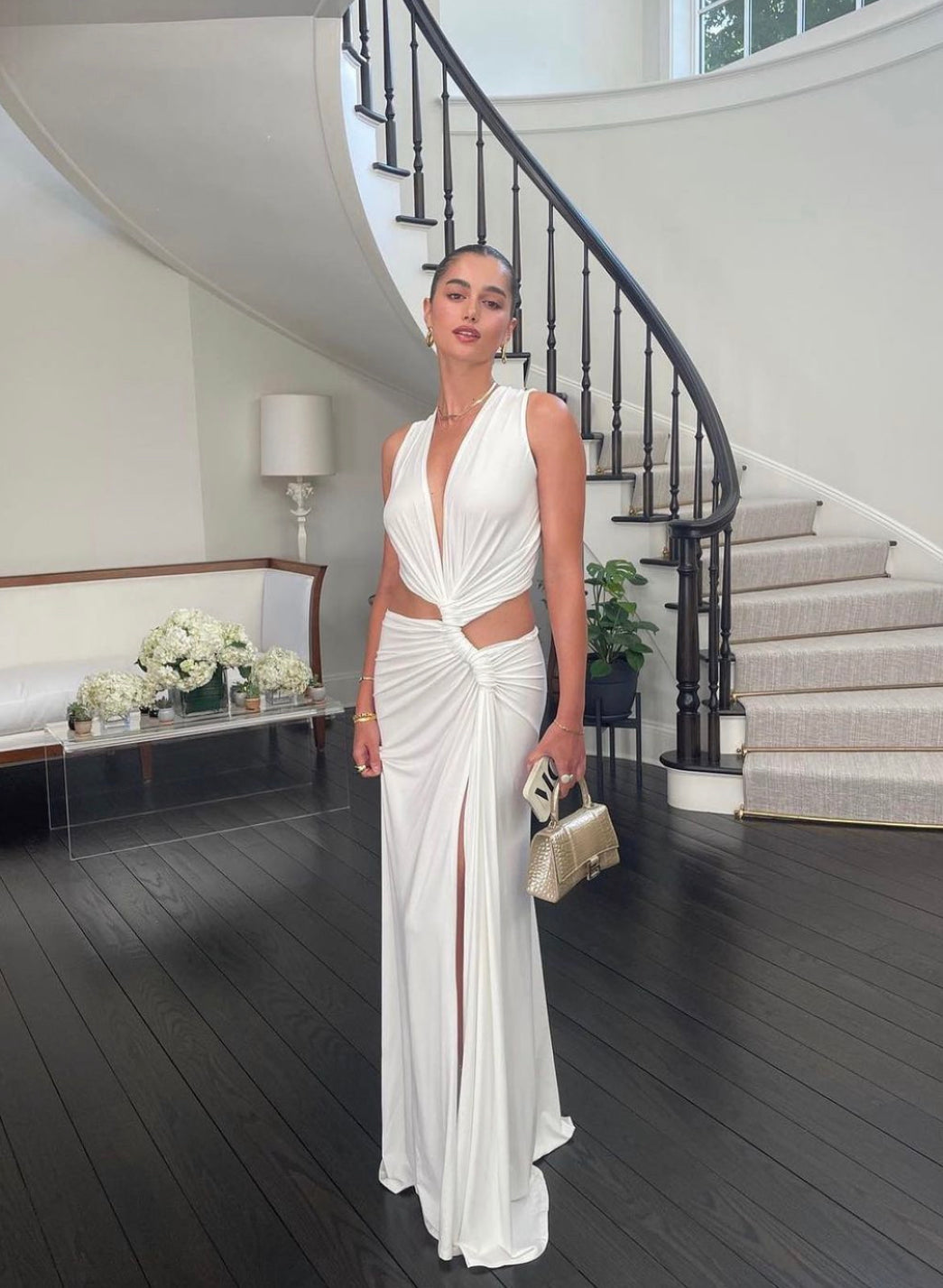 Deep V-Neck Halter Neck Waist Cut Out Knotted Drape High Split Maxi Gown