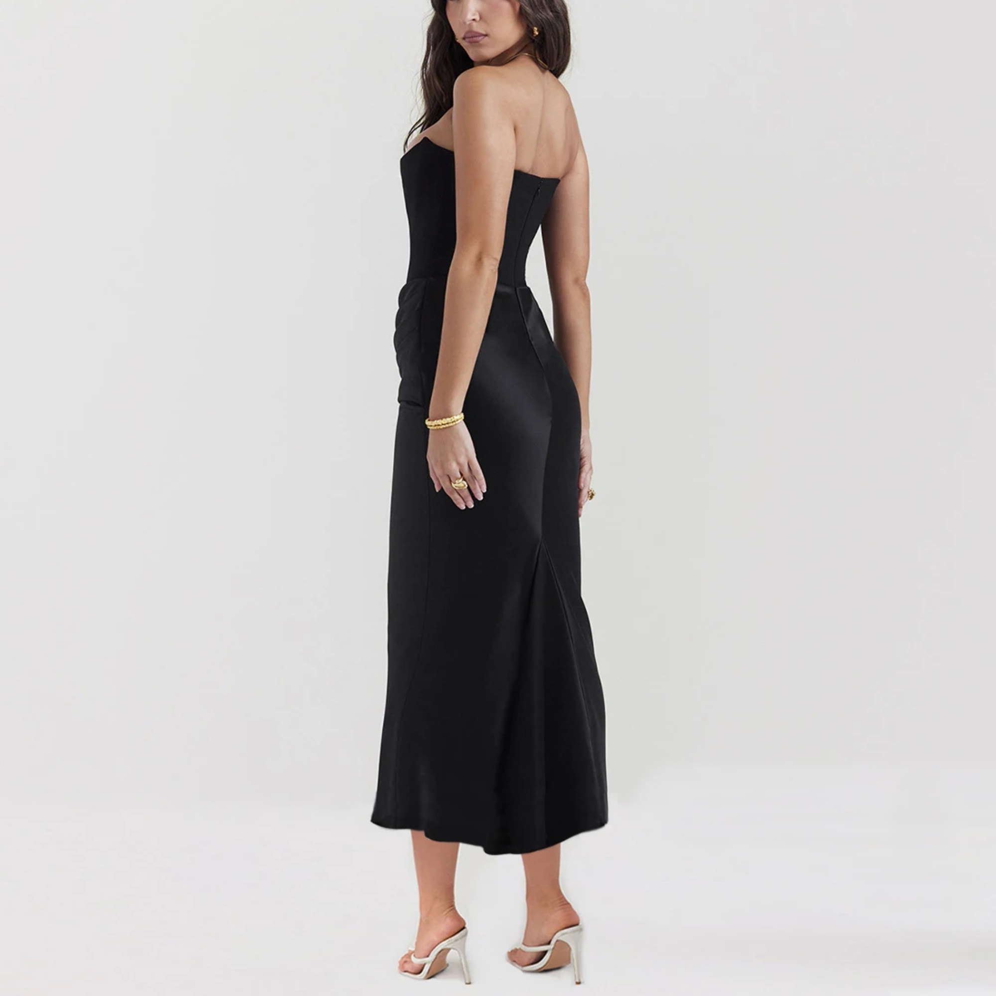 Viviana - Black Strapless Faux Suede Corset & Satin Dress