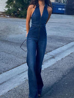 Front Zip Sleeveless Denim Jumpsuit