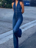 Front Zip Sleeveless Denim Jumpsuit
