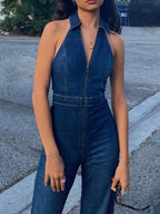 Front Zip Sleeveless Denim Jumpsuit
