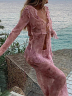 Pink Vintage Wood Ear Print Long Skirt Suit Two Pieces