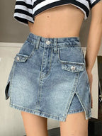 High Waist Slit Denim Shorts
