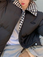 Checkered Collar Zip Up Padded Jacket