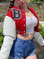 Embroidery Pu Leather Paneled Cropped Varsity Jacket