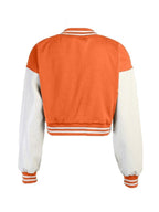 Embroidery Pu Leather Paneled Cropped Varsity Jacket