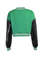 Embroidery Pu Leather Paneled Cropped Varsity Jacket