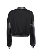 Embroidery Pu Leather Paneled Cropped Varsity Jacket
