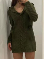Green Hooded Long Sleeve Knitted Mini Dress