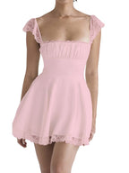 Tie Back Lace Trim White Mini Dress