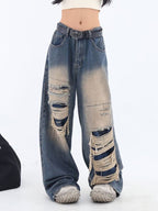 Retro Distressed Patch Ripped Design Niche Ripped Jeans