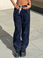Piping Detail Parachute Straight Leg Pants