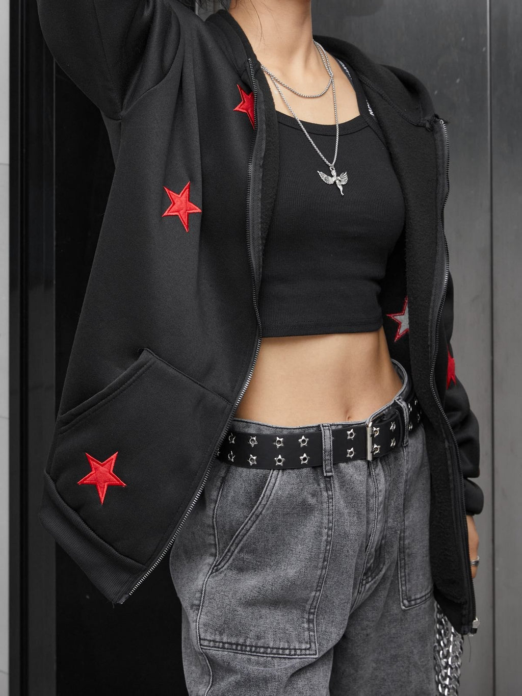 Embroidered Star Zip Up Hoodie
