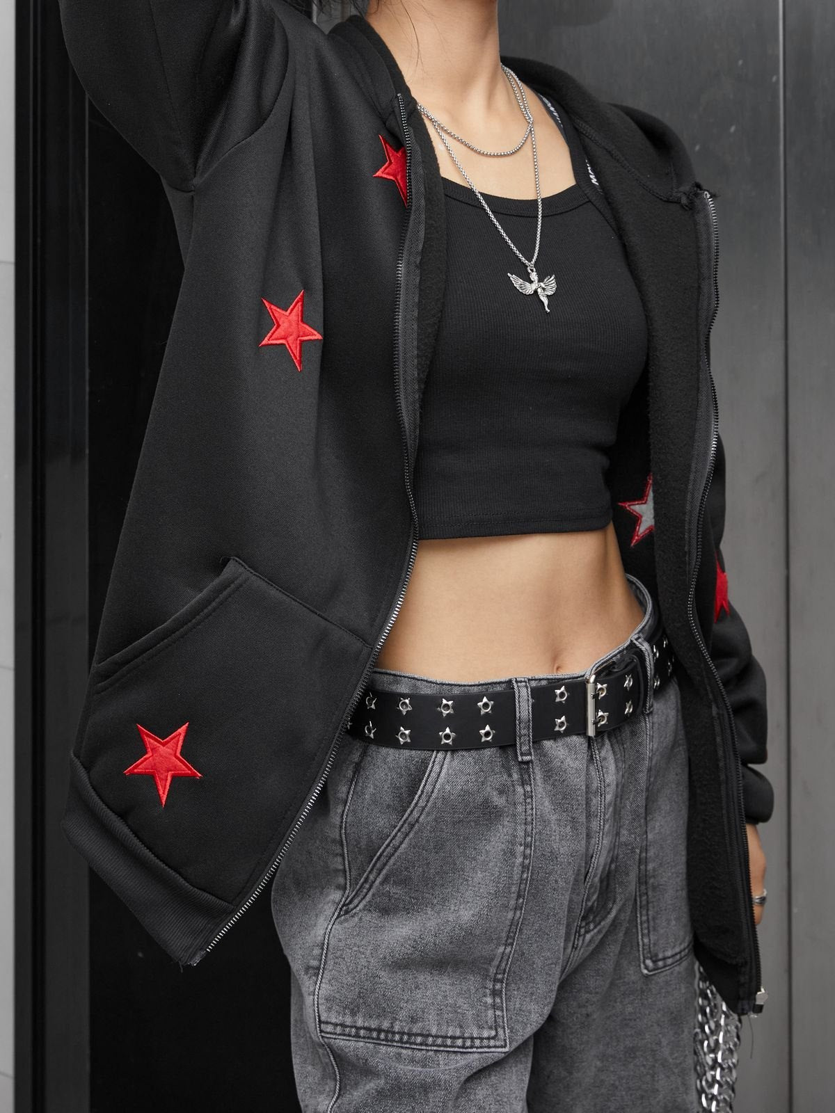 Embroidered Star Zip Up Hoodie