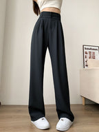 Black Straight Leg Pleated Tailored Pants