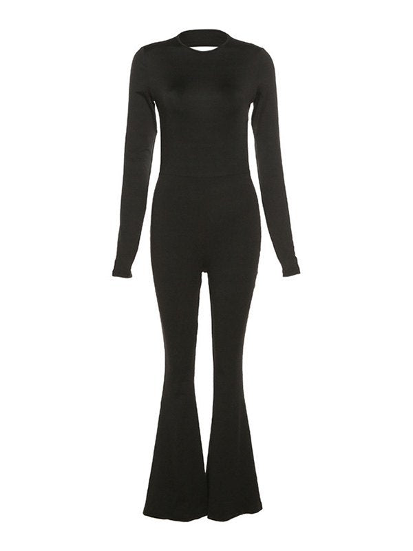 Plus Backless Long Sleeve Flare Leg Jumpsuit