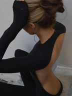 Plus Backless Long Sleeve Flare Leg Jumpsuit