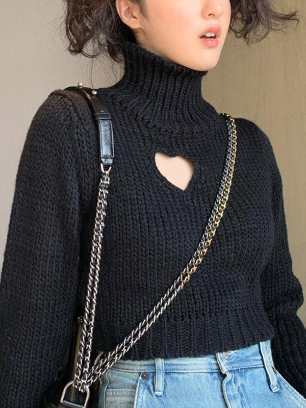 Cutout Heart Turtleneck Cropped Sweater