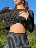 Hollow Out Crochet Knit Long Sleeve Crop Top