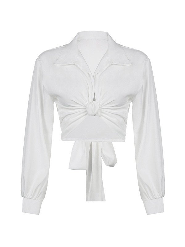 Knotted Tie Strap Cropped Long Sleeve Blouse