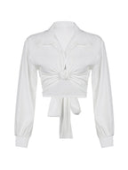 Knotted Tie Strap Cropped Long Sleeve Blouse