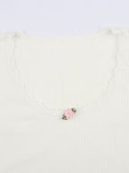 Lace Trim White Ribbed Knit Top