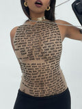 Sleeve Cover Printed Mesh Tank Top
