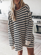 Slit Hem Oversize Striped Pullover Sweater