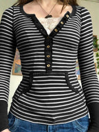 Vintage Striped Button Front Ribbed Knit Top