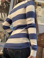 Blue Stripe Button Up Ribbed Knit Top