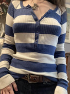Blue Stripe Button Up Ribbed Knit Top