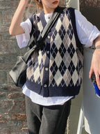 V Neck Button Front Argyle Sweater Vest